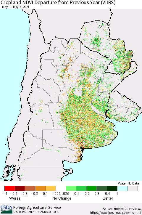 Southern South America Cropland NDVI Departure from Previous Year (VIIRS) Thematic Map For 5/1/2021 - 5/10/2021
