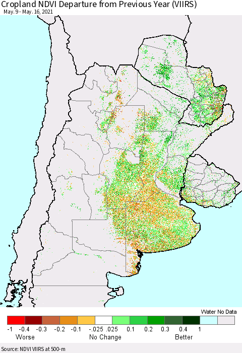 Southern South America Cropland NDVI Departure from Previous Year (VIIRS) Thematic Map For 5/9/2021 - 5/16/2021