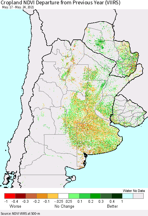 Southern South America Cropland NDVI Departure from Previous Year (VIIRS) Thematic Map For 5/17/2021 - 5/24/2021