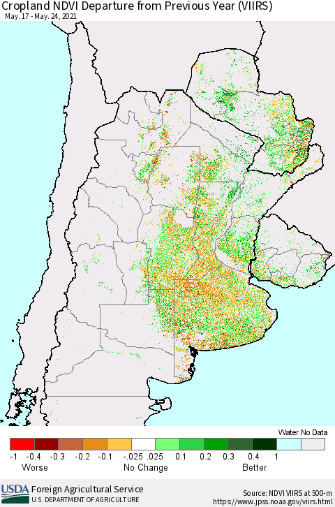 Southern South America Cropland NDVI Departure from Previous Year (VIIRS) Thematic Map For 5/21/2021 - 5/31/2021