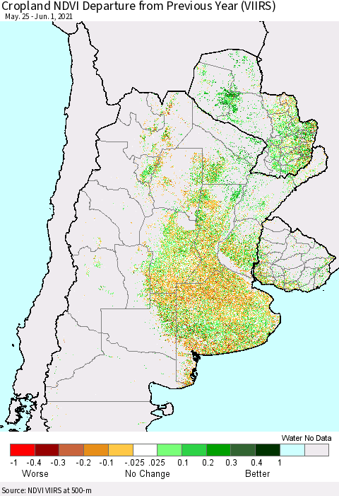 Southern South America Cropland NDVI Departure from Previous Year (VIIRS) Thematic Map For 5/25/2021 - 6/1/2021