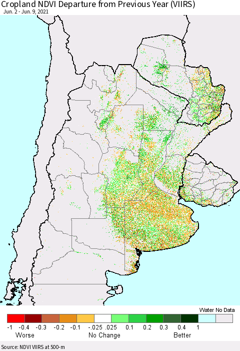Southern South America Cropland NDVI Departure from Previous Year (VIIRS) Thematic Map For 6/2/2021 - 6/9/2021