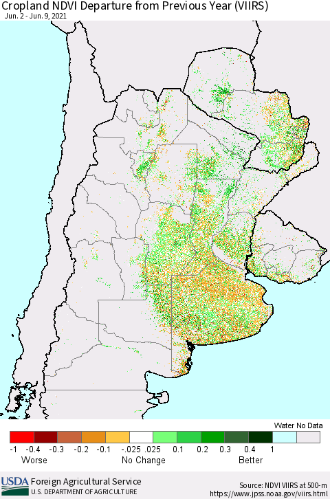 Southern South America Cropland NDVI Departure from Previous Year (VIIRS) Thematic Map For 6/1/2021 - 6/10/2021