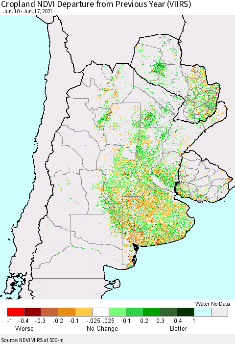Southern South America Cropland NDVI Departure from Previous Year (VIIRS) Thematic Map For 6/10/2021 - 6/17/2021