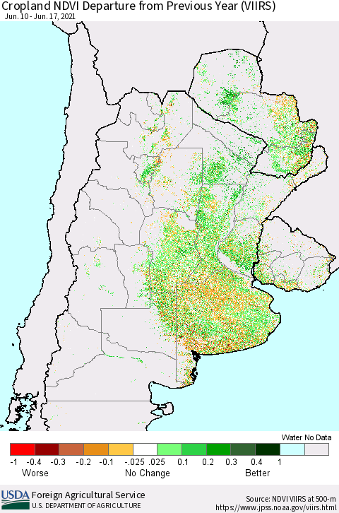Southern South America Cropland NDVI Departure from Previous Year (VIIRS) Thematic Map For 6/11/2021 - 6/20/2021