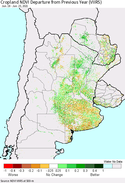 Southern South America Cropland NDVI Departure from Previous Year (VIIRS) Thematic Map For 6/18/2021 - 6/25/2021