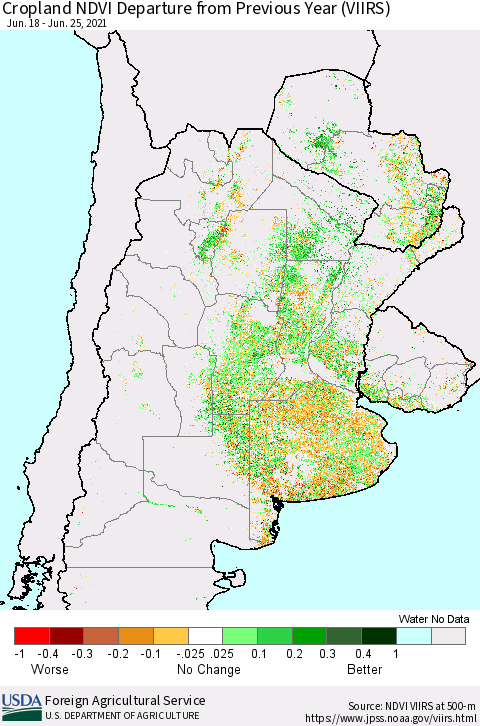 Southern South America Cropland NDVI Departure from Previous Year (VIIRS) Thematic Map For 6/21/2021 - 6/30/2021