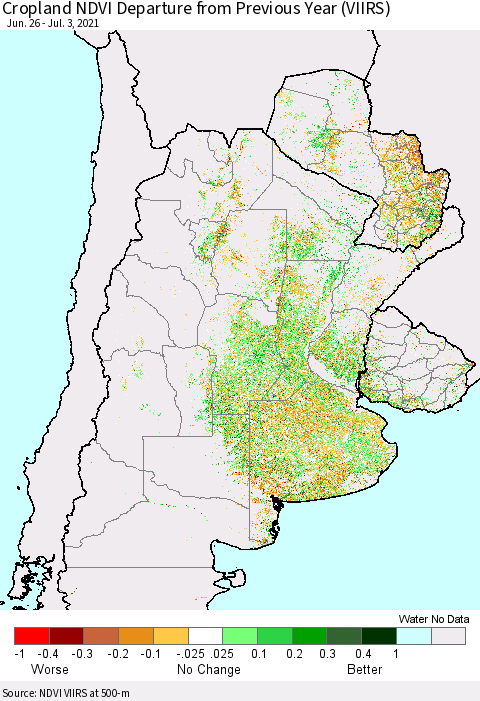 Southern South America Cropland NDVI Departure from Previous Year (VIIRS) Thematic Map For 6/26/2021 - 7/3/2021