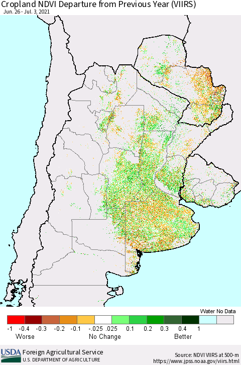 Southern South America Cropland NDVI Departure from Previous Year (VIIRS) Thematic Map For 7/1/2021 - 7/10/2021