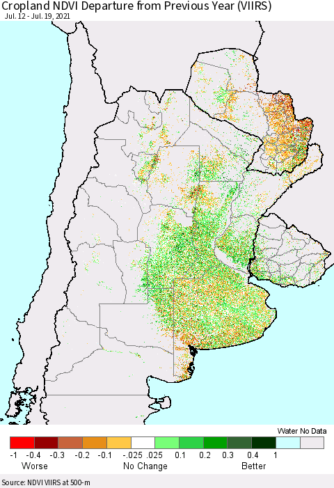 Southern South America Cropland NDVI Departure from Previous Year (VIIRS) Thematic Map For 7/12/2021 - 7/19/2021