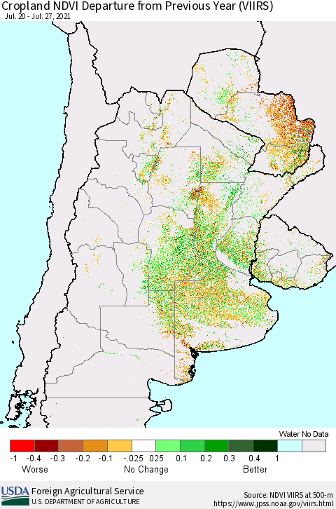 Southern South America Cropland NDVI Departure from Previous Year (VIIRS) Thematic Map For 7/21/2021 - 7/31/2021