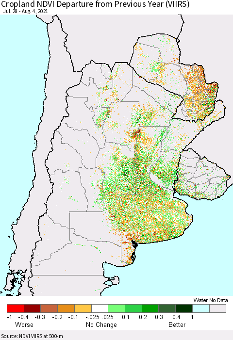 Southern South America Cropland NDVI Departure from Previous Year (VIIRS) Thematic Map For 7/28/2021 - 8/4/2021
