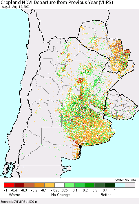 Southern South America Cropland NDVI Departure from Previous Year (VIIRS) Thematic Map For 8/5/2021 - 8/12/2021