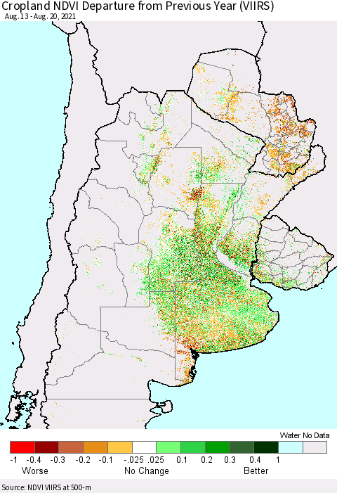Southern South America Cropland NDVI Departure from Previous Year (VIIRS) Thematic Map For 8/11/2021 - 8/20/2021