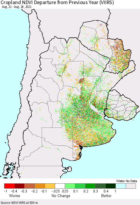 Southern South America Cropland NDVI Departure from Previous Year (VIIRS) Thematic Map For 8/21/2021 - 8/28/2021