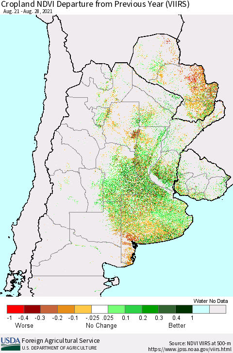 Southern South America Cropland NDVI Departure from Previous Year (VIIRS) Thematic Map For 8/21/2021 - 8/31/2021