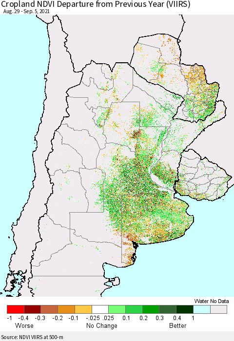 Southern South America Cropland NDVI Departure from Previous Year (VIIRS) Thematic Map For 8/29/2021 - 9/5/2021