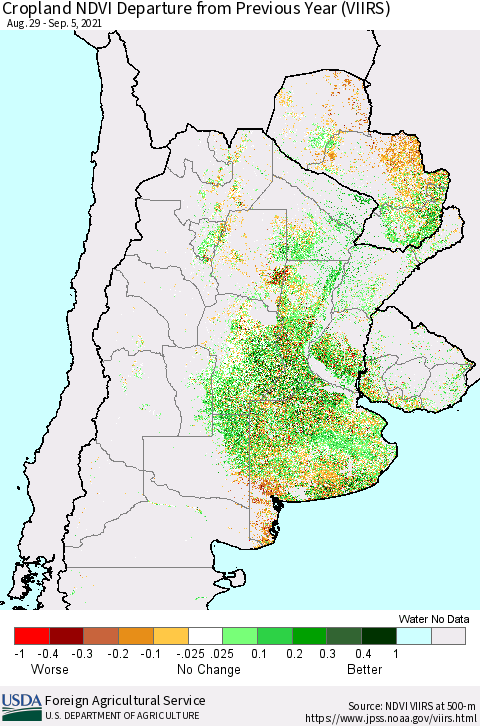 Southern South America Cropland NDVI Departure from Previous Year (VIIRS) Thematic Map For 9/1/2021 - 9/10/2021