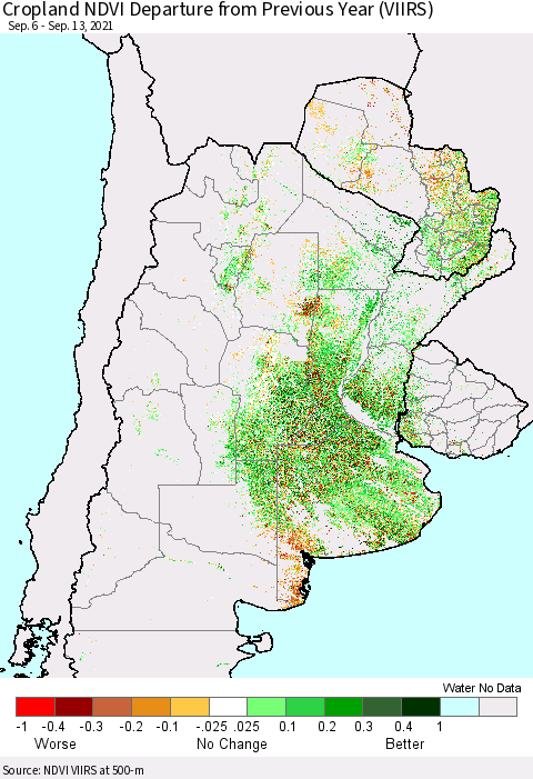 Southern South America Cropland NDVI Departure from Previous Year (VIIRS) Thematic Map For 9/6/2021 - 9/13/2021