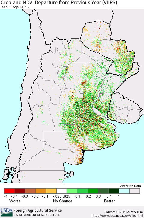 Southern South America Cropland NDVI Departure from Previous Year (VIIRS) Thematic Map For 9/11/2021 - 9/20/2021