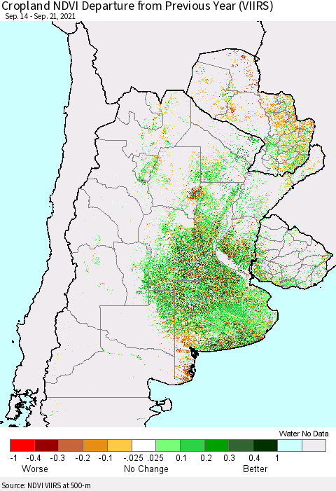 Southern South America Cropland NDVI Departure from Previous Year (VIIRS) Thematic Map For 9/14/2021 - 9/21/2021