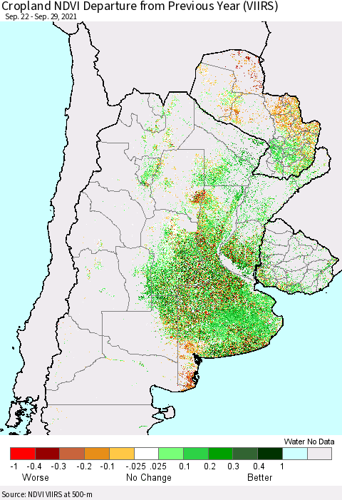 Southern South America Cropland NDVI Departure from Previous Year (VIIRS) Thematic Map For 9/22/2021 - 9/29/2021