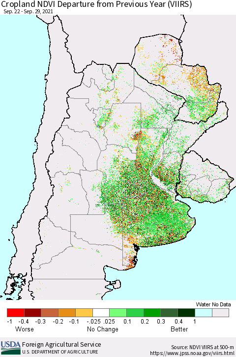 Southern South America Cropland NDVI Departure from Previous Year (VIIRS) Thematic Map For 9/21/2021 - 9/30/2021