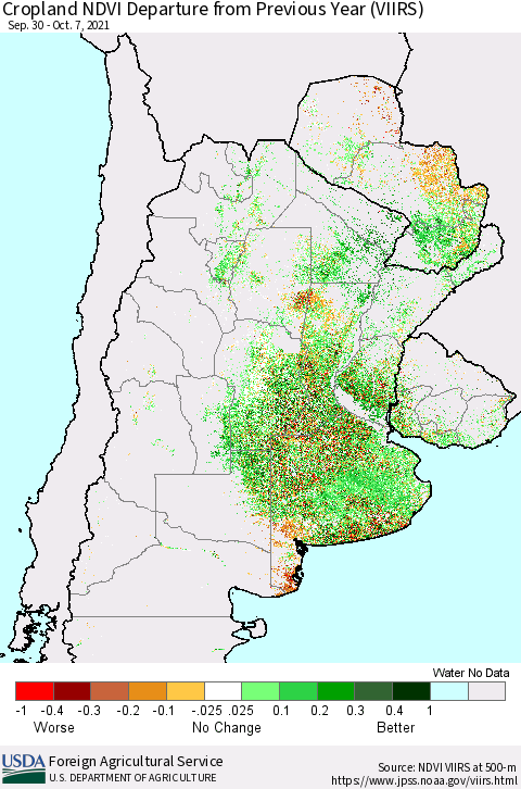 Southern South America Cropland NDVI Departure from Previous Year (VIIRS) Thematic Map For 10/1/2021 - 10/10/2021