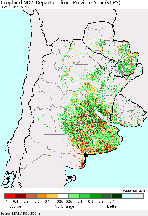 Southern South America Cropland NDVI Departure from Previous Year (VIIRS) Thematic Map For 10/8/2021 - 10/15/2021