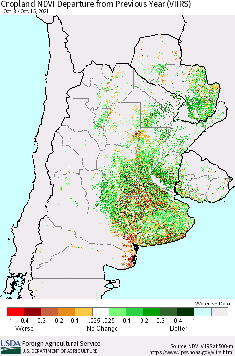 Southern South America Cropland NDVI Departure from Previous Year (VIIRS) Thematic Map For 10/11/2021 - 10/20/2021