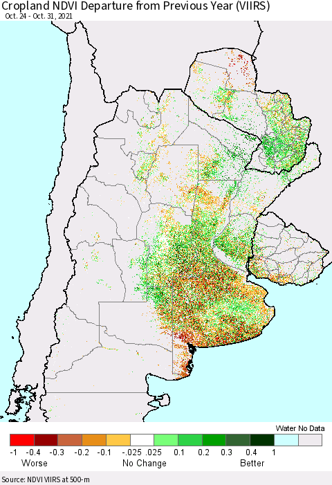 Southern South America Cropland NDVI Departure from Previous Year (VIIRS) Thematic Map For 10/21/2021 - 10/31/2021