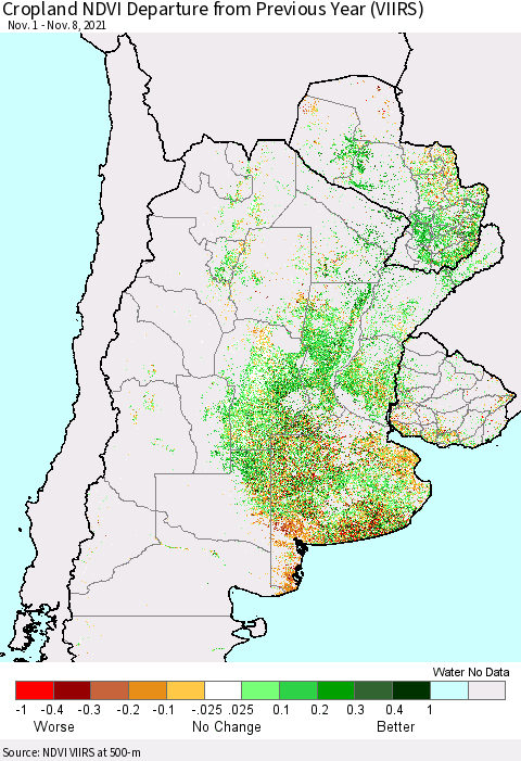 Southern South America Cropland NDVI Departure from Previous Year (VIIRS) Thematic Map For 11/1/2021 - 11/8/2021