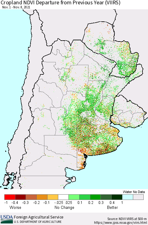 Southern South America Cropland NDVI Departure from Previous Year (VIIRS) Thematic Map For 11/1/2021 - 11/10/2021