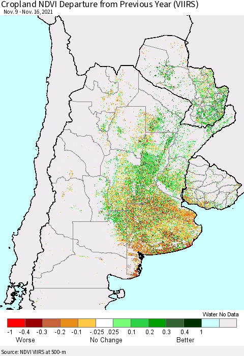 Southern South America Cropland NDVI Departure from Previous Year (VIIRS) Thematic Map For 11/9/2021 - 11/16/2021