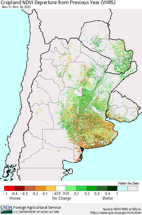 Southern South America Cropland NDVI Departure from Previous Year (VIIRS) Thematic Map For 11/11/2021 - 11/20/2021