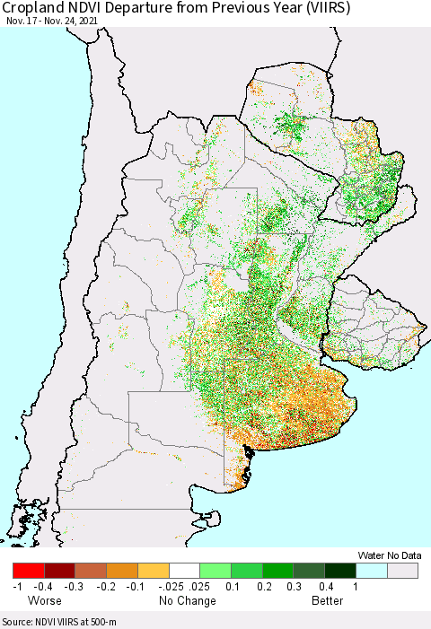 Southern South America Cropland NDVI Departure from Previous Year (VIIRS) Thematic Map For 11/17/2021 - 11/24/2021