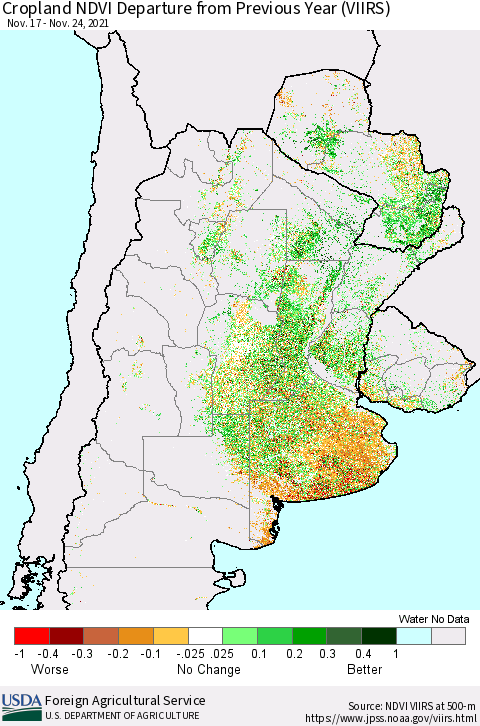 Southern South America Cropland NDVI Departure from Previous Year (VIIRS) Thematic Map For 11/21/2021 - 11/30/2021
