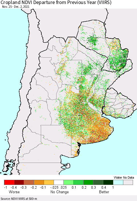 Southern South America Cropland NDVI Departure from Previous Year (VIIRS) Thematic Map For 11/25/2021 - 12/2/2021