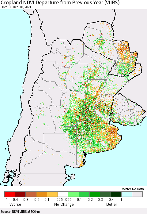 Southern South America Cropland NDVI Departure from Previous Year (VIIRS) Thematic Map For 12/1/2021 - 12/10/2021