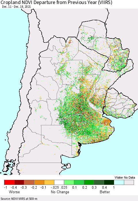 Southern South America Cropland NDVI Departure from Previous Year (VIIRS) Thematic Map For 12/11/2021 - 12/18/2021