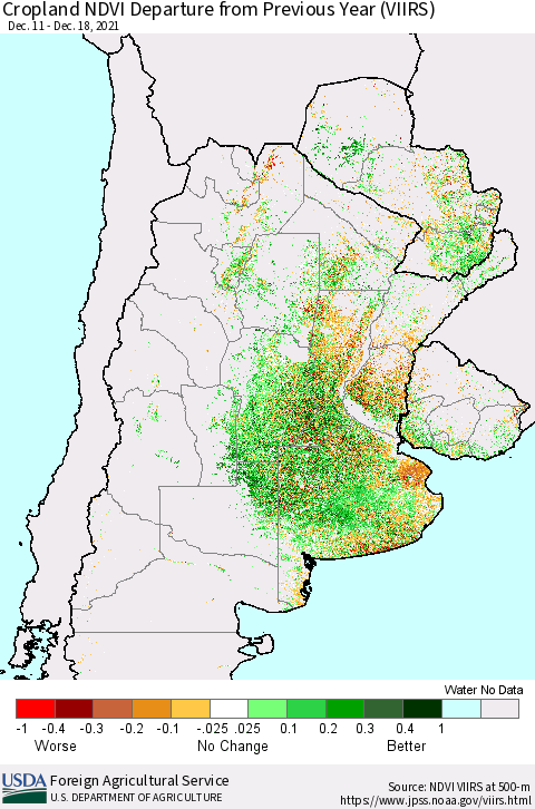 Southern South America Cropland NDVI Departure from Previous Year (VIIRS) Thematic Map For 12/11/2021 - 12/20/2021