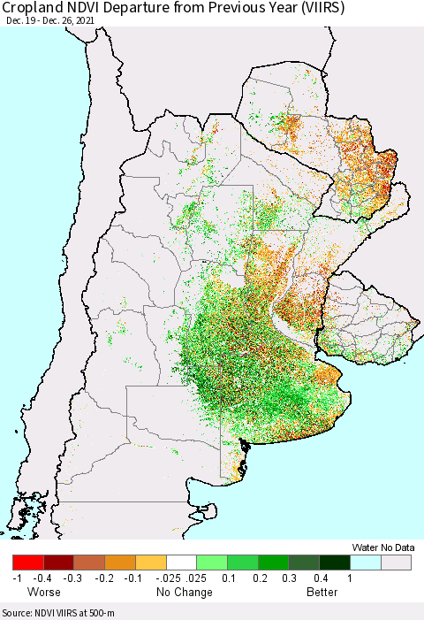 Southern South America Cropland NDVI Departure from Previous Year (VIIRS) Thematic Map For 12/19/2021 - 12/26/2021