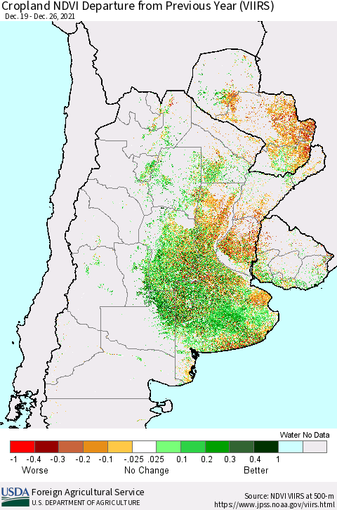 Southern South America Cropland NDVI Departure from Previous Year (VIIRS) Thematic Map For 12/21/2021 - 12/31/2021