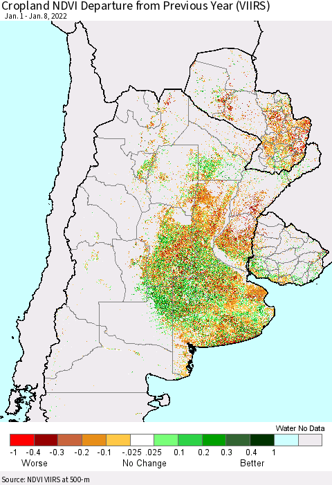Southern South America Cropland NDVI Departure from Previous Year (VIIRS) Thematic Map For 1/1/2022 - 1/8/2022