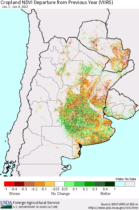 Southern South America Cropland NDVI Departure from Previous Year (VIIRS) Thematic Map For 1/1/2022 - 1/10/2022