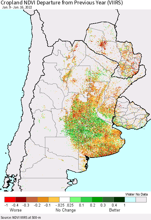 Southern South America Cropland NDVI Departure from Previous Year (VIIRS) Thematic Map For 1/9/2022 - 1/16/2022
