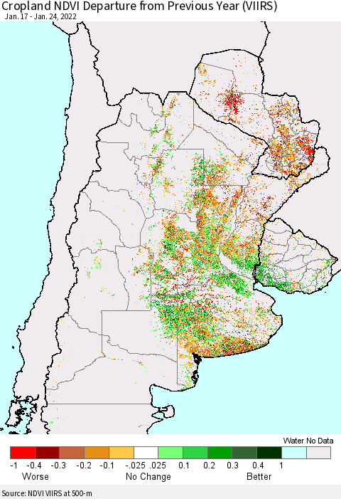 Southern South America Cropland NDVI Departure from Previous Year (VIIRS) Thematic Map For 1/17/2022 - 1/24/2022