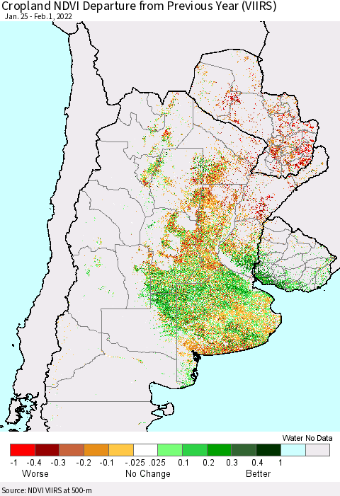 Southern South America Cropland NDVI Departure from Previous Year (VIIRS) Thematic Map For 1/25/2022 - 2/1/2022
