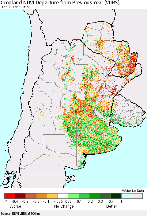 Southern South America Cropland NDVI Departure from Previous Year (VIIRS) Thematic Map For 2/2/2022 - 2/9/2022