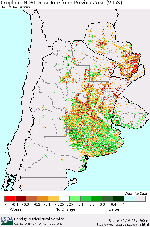 Southern South America Cropland NDVI Departure from Previous Year (VIIRS) Thematic Map For 2/1/2022 - 2/10/2022
